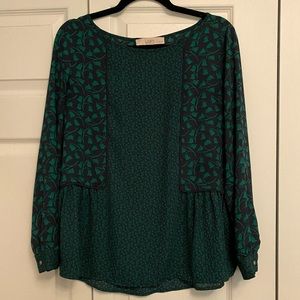 Loft Petite Navy and Green Floral Peplum Blouse